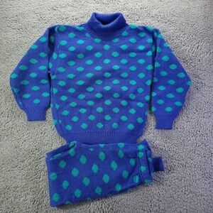 Vintage Marese France Kids Blue Teal Polka Dot Knit Sweater Pants Set Size 6A